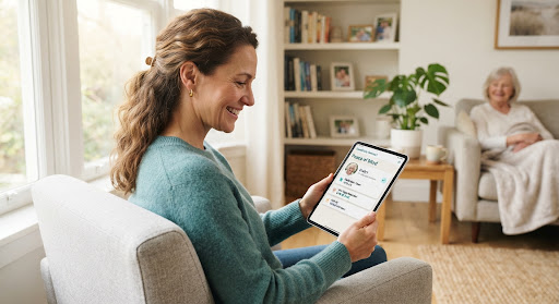 A family member checking in on their loved one's care via tablet