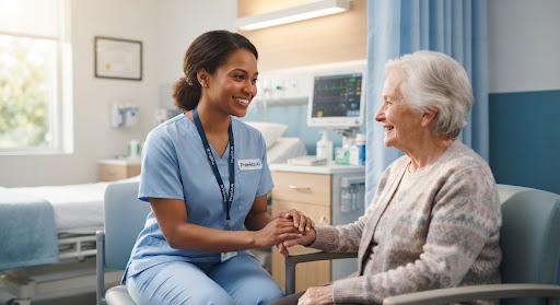 Caregiver and patient in a clinical setting