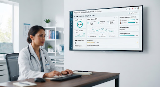 A clinician reviewing safety metrics on a facility dashboard